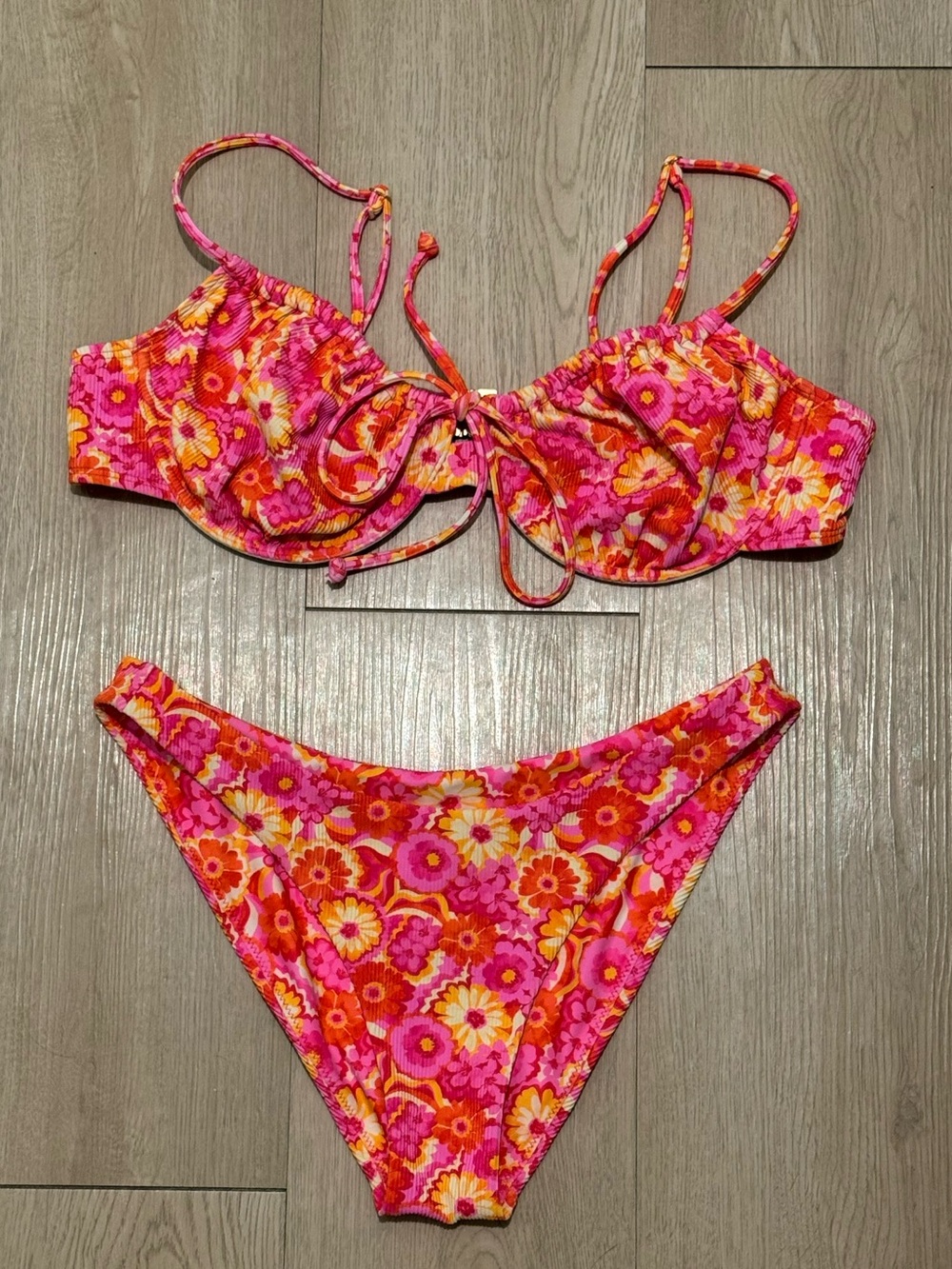 Kukani Kinis Floral Bikini Bright Pink and Orange